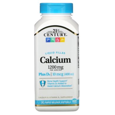 Рідкий кальцій 1200 мг + вітамін D3, 21st Century, 90 гелевих капсул