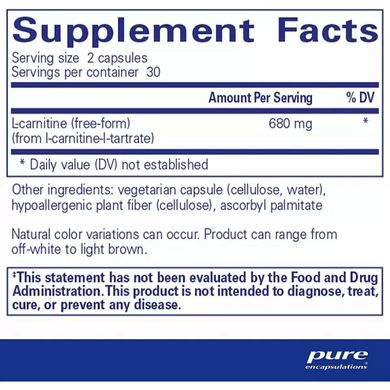 Л-карнітин Pure Encapsulations (L-Carnitine) 680 мг 60 капсул