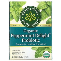 Пробіотичні чаї, органічний пробіотик перцевої м'яти, Probiotic Teas, Organic Peppermint Delight Probiotic, Traditional Medicinals, 16 пакетиків чаю в упаковці, 0,85 унції (24 г)