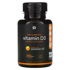 Вітамін Д3 з кокосовим маслом, Vitamin D3 with Coconut Oil, Sports Research, 250 мкг (10000 МО), 120 м'яких капсул