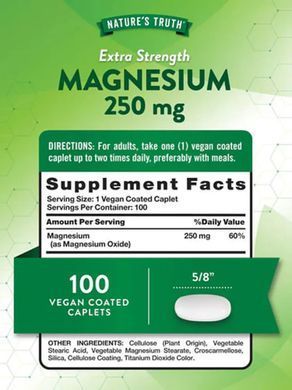 Магній, Magnesium, Nature's Truth, підвищена сила дії, 250 мг, 100 каплет