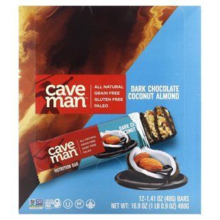 Caveman Foods, Диетические батончики, темный шоколад, кокос и миндаль, 12 батончиков по 1,41 унции (40 г) каждый купить в Киеве и Украине