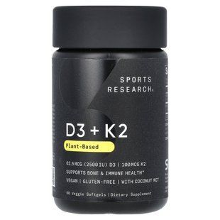 Sports Research, D3 + K2, Plant-Based, 60 Veggie Softgels купить в Киеве и Украине