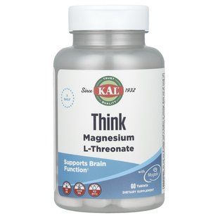 Магній L-треонат, Think Magnesium L-Threonate, KAL, 2000 мг, 60 таблеток