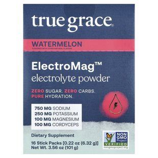 True Grace, ElectroMag&trade;, Electrolyte Powder, Watermelon, 16 Stick Packs, 0.22 oz (6.32 g) Each