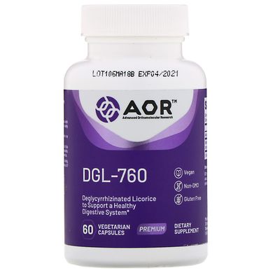 DGL-760 на корені солодки, Advanced Orthomolecular Research AOR, 60 вегетаріанських капсул