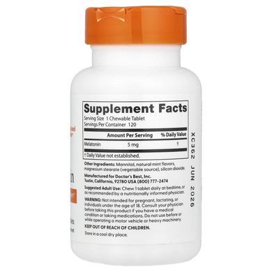 Мелатонін Doctor's Best (Melatonin) зі смаком м'яти 5 мг 120 жувальних таблеток