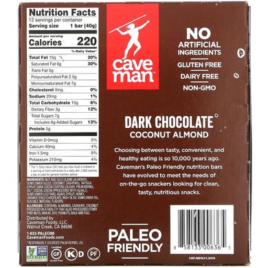 Caveman Foods, Дієтичні батончики, темний шоколад, кокос і мигдаль, 12 батончиків по 1,41 унції (40 г) кожен