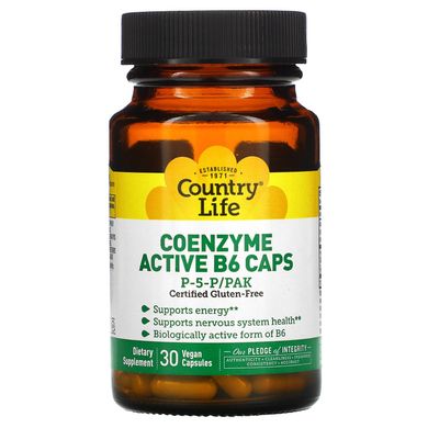 Не містить глютену, коферментний активний вітамін B6 в капсулах, P-5-P / PAK, Country Life, 30 вегетаріанських капсул