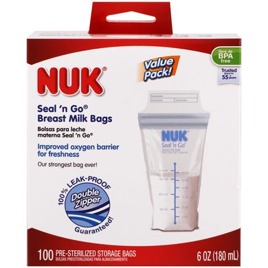 Seal 'n Go, пакети для грудного молока, NUK, 100 стерильних пакетів для зберігання, 6 унцій (180 мл) кожен