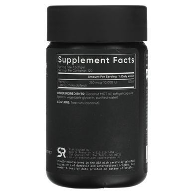 Вітамін Д3 з кокосовим маслом, Vitamin D3 with Coconut Oil, Sports Research, 250 мкг (10000 МО), 120 м'яких капсул
