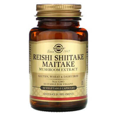 Лікувальні гриби рейши шиітаке і майтаке Solgar (Reishi Shiitake Maitake) 100 мг / 100 мг / 100 мг 50 капсул