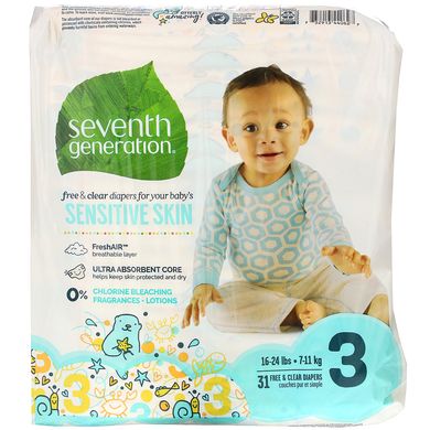 Для малюків, Чисті та сухі підгузники, Розмір 3, 16-24 фунта (7-11 кг), Seventh Generation, 31 підгузник