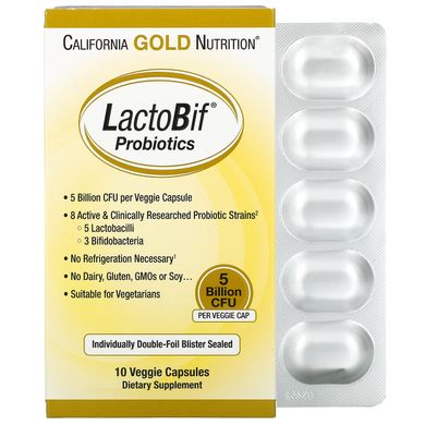 Пробіотики California Gold Nutrition (LactoBif Probiotics) 5 млрд КОЕ 10 овочевих капсул
