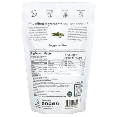 Органическая спирулина в таблетках Micro Ingredients (Organic Spirulina) 720 таблеток купить в Киеве и Украине