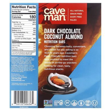 Caveman Foods, Дієтичні батончики, темний шоколад, кокос і мигдаль, 12 батончиків по 1,41 унції (40 г) кожен