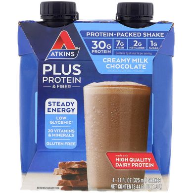Протеїн + і волокно, вершковий молочний шоколад, Atkins, 4 коктейлю, 11 рідких унцій (325 мл) кожен