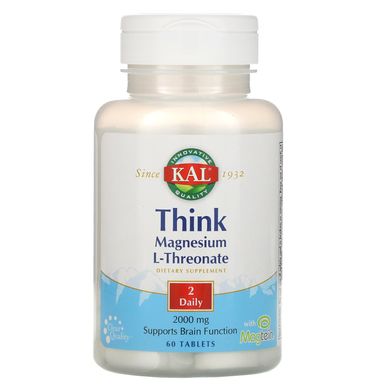 Магній L-треонат, Think Magnesium L-Threonate, KAL, 2000 мг, 60 таблеток