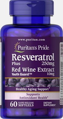 Ресвератрол плюс екстракт червоного вина, Resveratrol plus Red Wine Extract, Puritan's Pride, 250 мг, 60 капсул