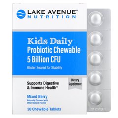 Для дітей, пробіотик для щоденного застосування, натуральний ягідний ароматизатор, Lake Avenue Nutrition, 5 млрд КУО, 30 жувальних таблеток
