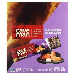 Caveman Foods, Диетические батончики, черный шоколад, кешью и миндаль, 12 батончиков по 1,41 унции (40 г) каждый купить в Киеве и Украине