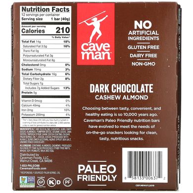 Caveman Foods, Дієтичні батончики, чорний шоколад, кешью та мигдаль, 12 батончиків по 1,41 унції (40 г) кожен