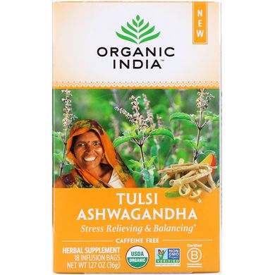 Чай Тулса, Ашваганда, без кофеїну, Tulsi Tea, Ashwagandha, Caffeine-Free, Organic India, 18 інфузійних пакетиків, 1,27 унції (36 г)