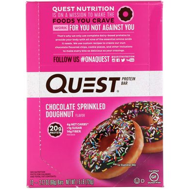 Протеїнові батончики, пончик з шоколадною глазур'ю, Quest Nutrition, 12 батончиків по 2,12 унції (60 г) кожен