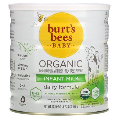 Органічна суміш для немовлят із залізом дитяче молоко 0–12 місяців Burt's Bees (Baby Organic Infant Formula With Iron Infant Milk 0-12 Months) 658 г