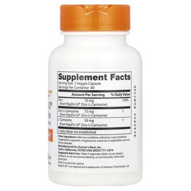 Цинк карнозин Doctor's Best (PepZin GI Zinc-L-Carnosine Complex) 120 вегетарианских капсул купить в Киеве и Украине