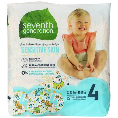 Для малюків, Чисті та сухі підгузники, Розмір 4, 22-32 фунта (10-15 кг), Seventh Generation, 27 підгузників