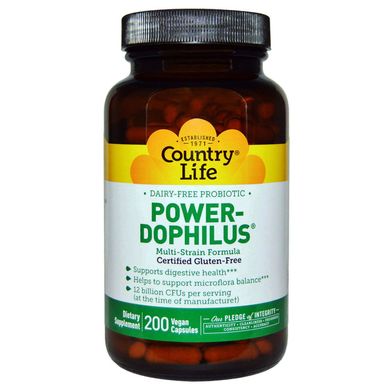 Пробіотики Power-Dophilus, не містять глютену, Country Life, 200 веганських капсул