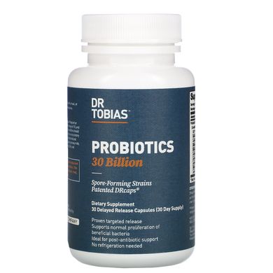 Пробіотики, 30 мільярдів, Probiotics, 30 Billion, Dr. Tobias, 30 капсул з відстроченим вивільненням