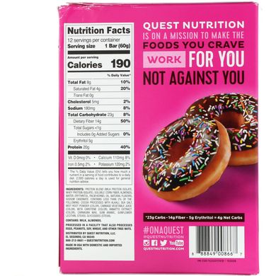 Протеїнові батончики, пончик з шоколадною глазур'ю, Quest Nutrition, 12 батончиків по 2,12 унції (60 г) кожен