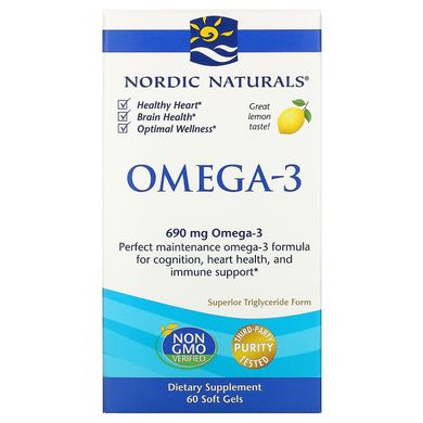 Омега-3 со вкусом лимона, Omega-3, Nordic Naturals, 690 мг, 60 желатиновых капсул купить в Киеве и Украине