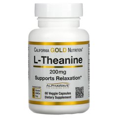 Теанін California Gold Nutrition (L-Theanine AlphaWave Supports Relaxation Calm Focus) 200 мг 60 вегетаріанських капсул
