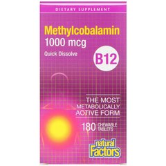 B12 метилкобаламін, Natural Factors 1000 мкг, 180 жувальних таблеток