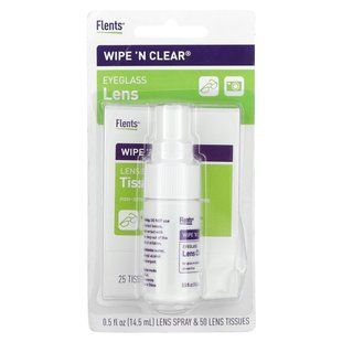 Flents, Wipe 'N Clear, Eyeglass Lens Cleaner, 50 Wipes, 1 Spray, 0.5 fl oz (14.5 ml) купить в Киеве и Украине