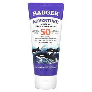 Badger, Adventure, Mineral Sunscreen Cream, SPF 50, Unscented, 2.9 fl oz (87 ml) купить в Киеве и Украине