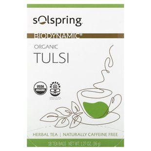 Біодинамічний органічний травʼяний чай з тульсі Dr. Mercola Solspring (Biodynamic Organic Tulsi Herbal Tea) 36 г 18 чайних пакетиків без кофеїну