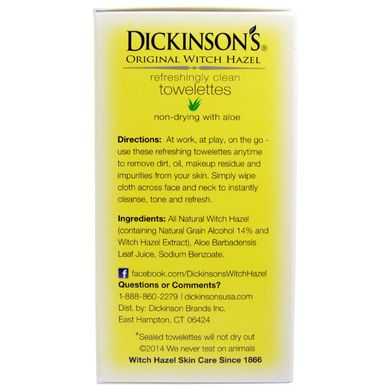 Очищаючі серветки для обличчя, Refreshingly Towelettes, Dickinson Brands, гамамелис, 20 шт (5 х 7)