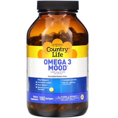 Омега 3 для настрою Country Life (Omega 3 Mood) 2000 мг 180 капсул зі смаком лимона