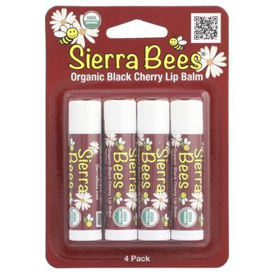 Органічний бальзам для губ, Чорна вишня, Sierra Bees, 4 штуки, 4,25 г (0,15 унції)