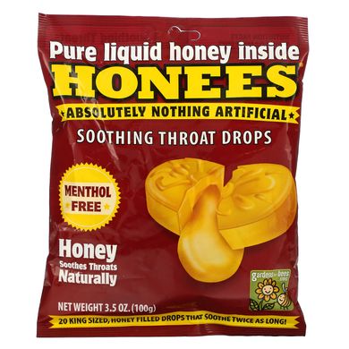 Льодяники від кашлю мед без ментолу Honees (Soothing Throat Drops Honey) 20 шт від кашлю