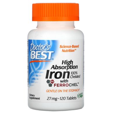 Залізо, Iron With Ferrochel, Doctor's Best, 27 мг, 120 таблеток