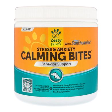 Заспокійливі перекушування для собак, Стрес і тривожність, Для будь-якого віку, Зі смаком індички, Zesty Paws, 90 м'яких жувальних таблеток