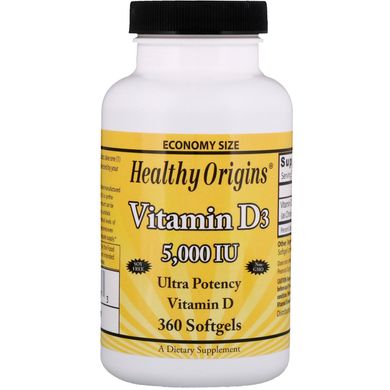 Вітамін Д3, Vitamin D3, Healthy Origins, 5000 МО, 360 желатинових капсул