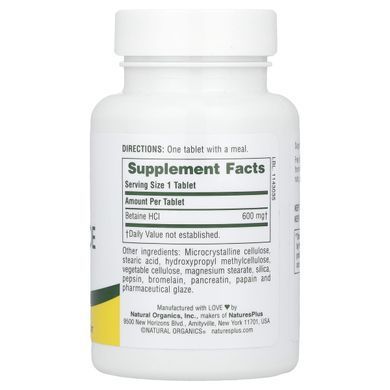 Бетаин гидрохлорид (Betaine Hydrochloride), Nature's Plus, 600 мг, 90 таблеток купить в Киеве и Украине