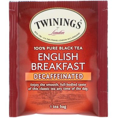100% чистий чорний чай, англійський сніданок, без кофеїну, Twinings, 25 пакетиків чаю, 50 г