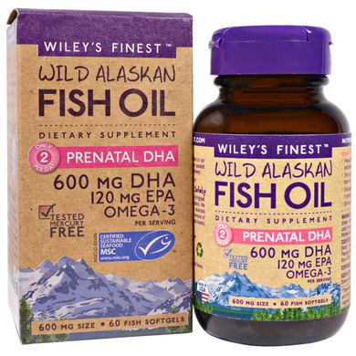 Аляскинский рыбий жир для беременных Wiley's Finest (Wild Alaskan Fish Oil Prenatal DHA) 600 мг 60 капсул купить в Киеве и Украине